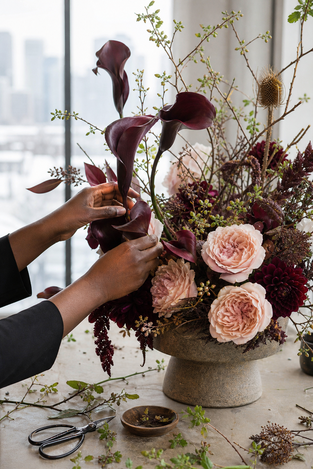 Black floral designer creating a sculptural premium arrangement