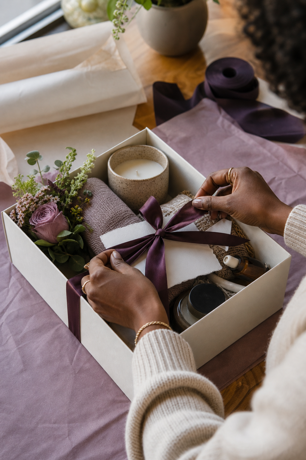 A thoughtfully curated gift box being assembled by hand